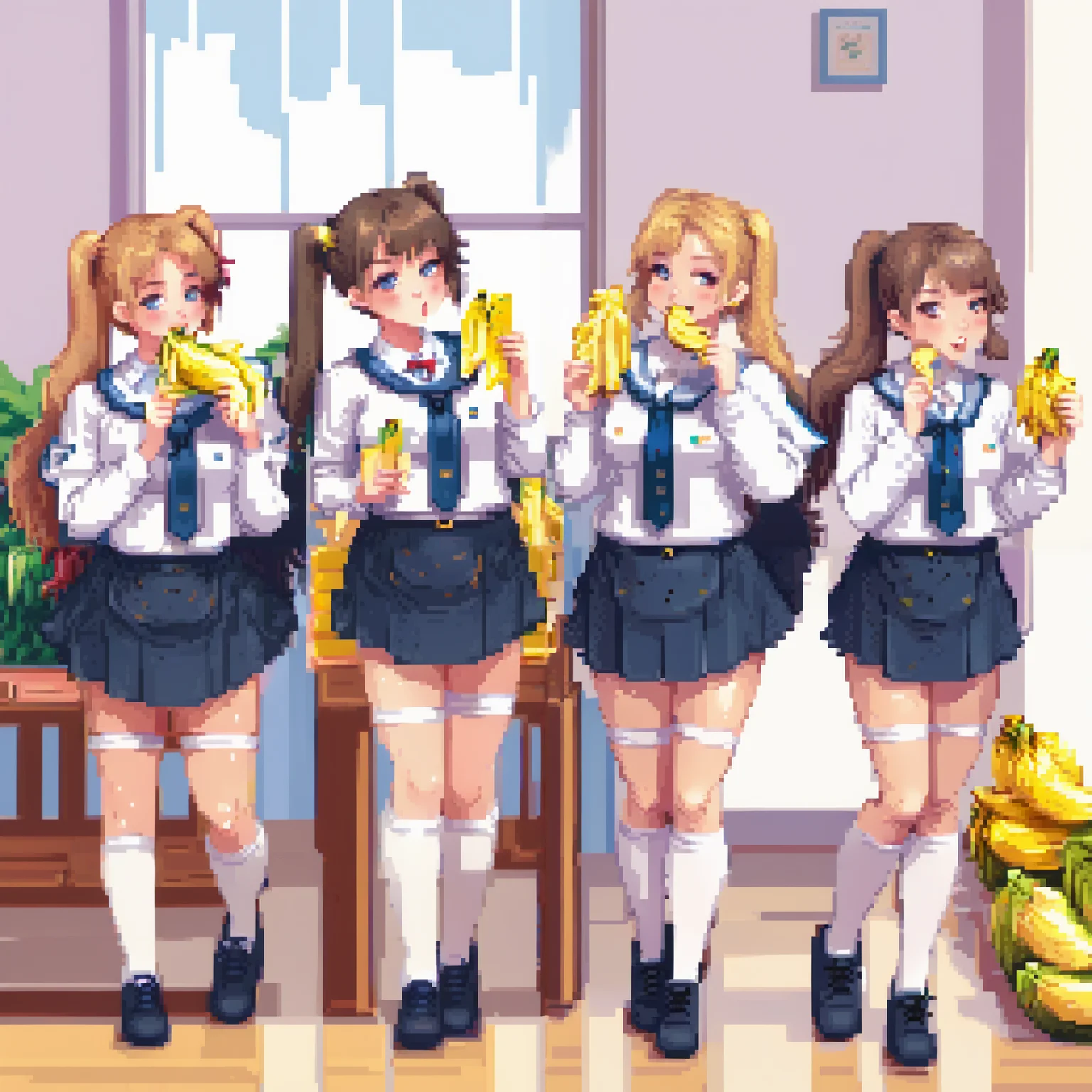 minimalistic, flat shading,  a group photo of cute pale school-girls with large tits and thick thighs dressed in their school clothes eating bananas, detailed god rays, perfect hands,
<lora:pixelbuildings128-v2:1.5>,