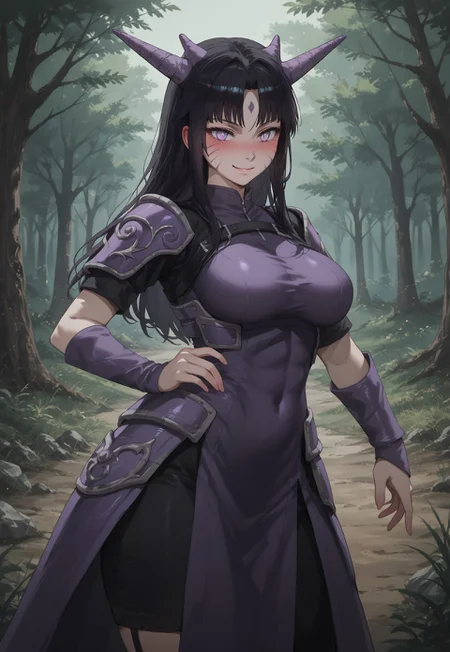 safe_pos, score_9, score_8_up, score_7_up, source_anime, <lora:qiandaiyiyu_style_pdxl_goofy:0.8>, gijinka, personification, Naruto_Manda, slit pupils, body markings, pair of horns, black scales, large breasts, slightly viisble abs,
(((1girl))), pretty lips, detailed eyes,

purple armor, metal chestplate, metal skirt,

standing, dynamic pose,

outdoors, ((blush, confident, smile)), forest background, day time, 