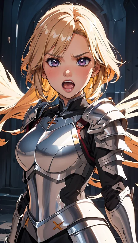 an illustration of a female paladin adorned in holy armor, wielding a sacred sword, furrowed brow, open mouth, clenched teeth,
masterpiece, best quality, intricate detail, high background detail, high contrast, <lora:emotion_angry_slider_v1:1> anime screencap,