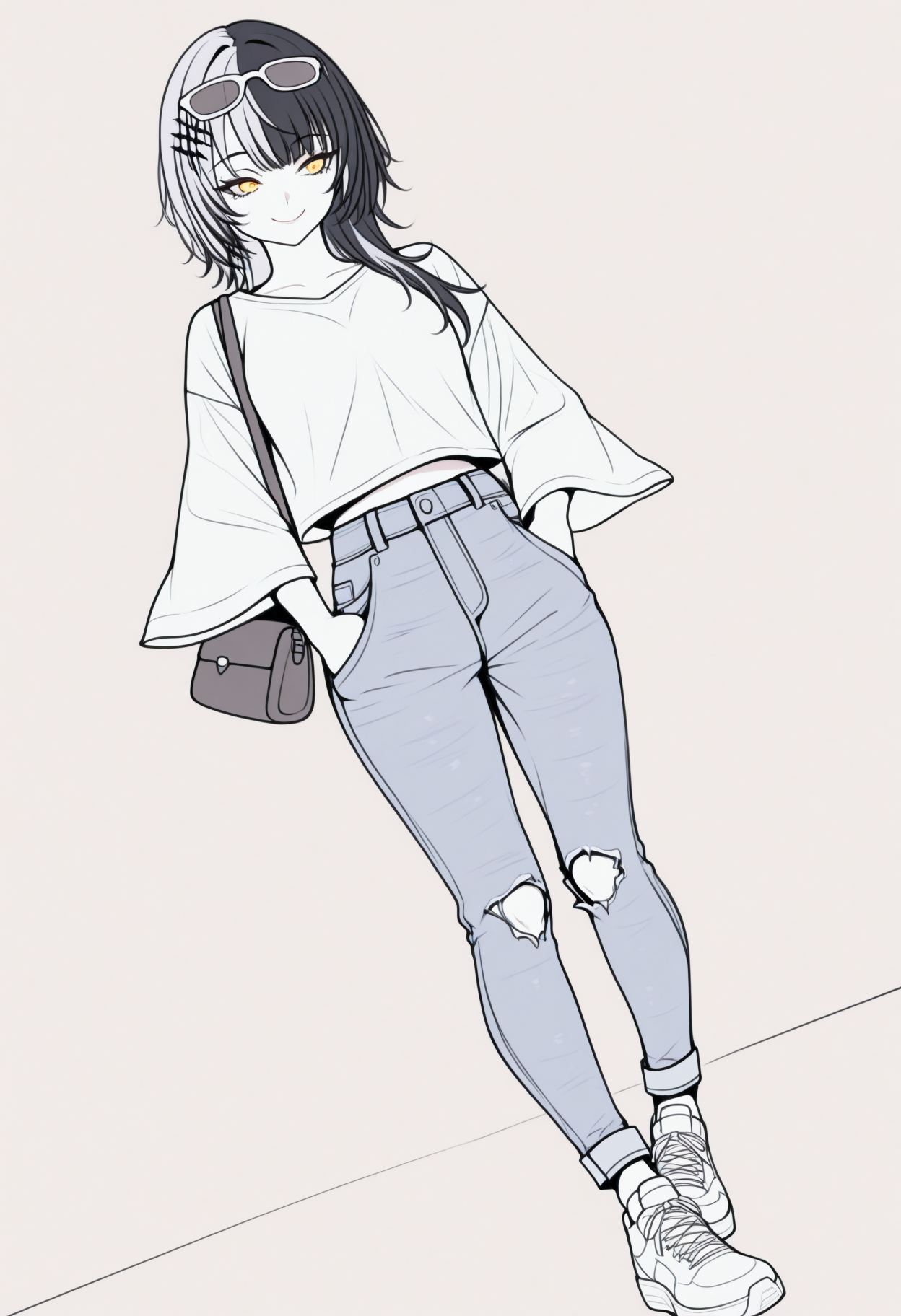 masterpiece, best quality, lineart, traditional media, graphite \(medium\), flat color, limited palette, monochrome, spot color, pale color, anime coloring, 1girl, solo, Shi0riN0vella, multicolored hair, white hair, black hair, yellow eyes, single hair ornament, sunglasses on head, white shirt, long sleeves, wide sleeves, midriff peek, denim jeans, baggy jeans, torn jeans, sneakers, hand in pocket, handbag, shoulder bag, dutch angle, smile, simple background, <lora:ChamShioriNovellaV2IllustriousXL:1>