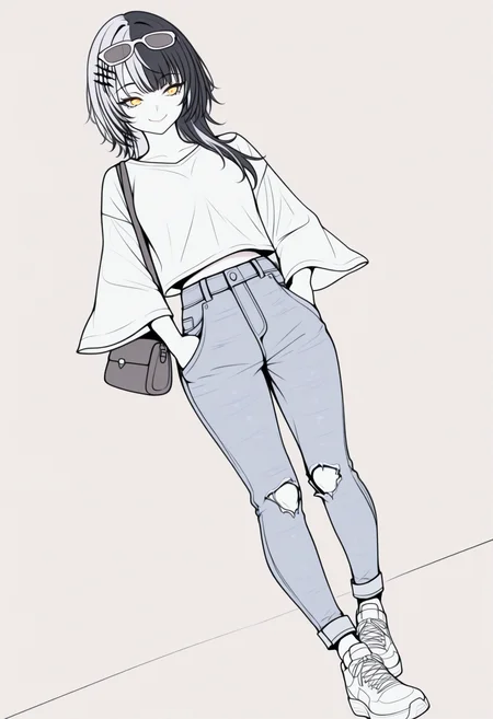 masterpiece, best quality, lineart, traditional media, graphite \(medium\), flat color, limited palette, monochrome, spot color, pale color, anime coloring, 1girl, solo, Shi0riN0vella, multicolored hair, white hair, black hair, yellow eyes, single hair ornament, sunglasses on head, white shirt, long sleeves, wide sleeves, midriff peek, denim jeans, baggy jeans, torn jeans, sneakers, hand in pocket, handbag, shoulder bag, dutch angle, smile, simple background, <lora:ChamShioriNovellaV2IllustriousXL:1>