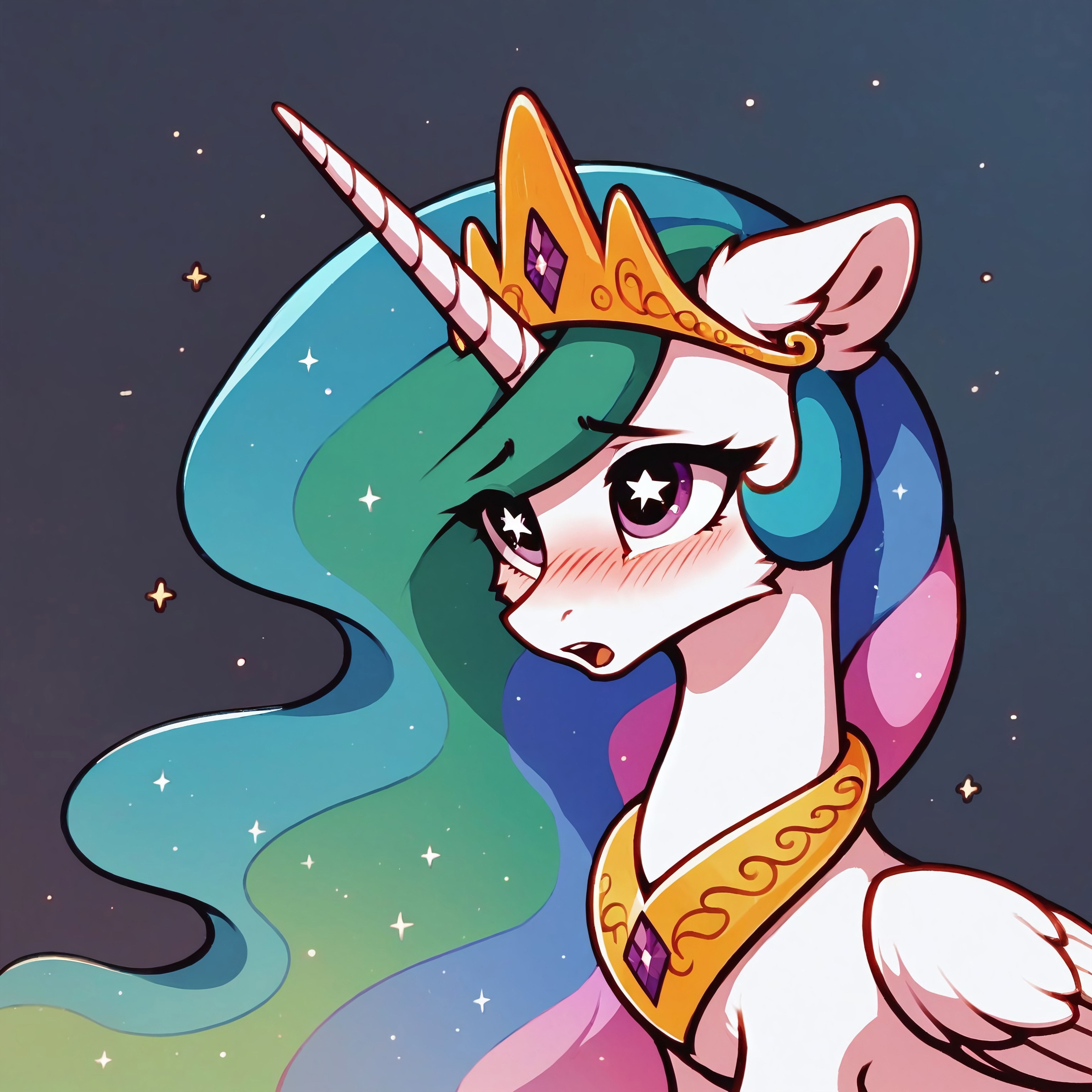 score_9, score_8_up, score_7_up, score_6_up, score_5_up, score_4_up, princess celestia, alicorn, pony, blushing, bust, cheek fluff, cute, ear fluff, female, floppy ears, high res, leg fluff, mare, open mouth, solo, starry eyes, wing fluff, wingding eyes, two toned wings