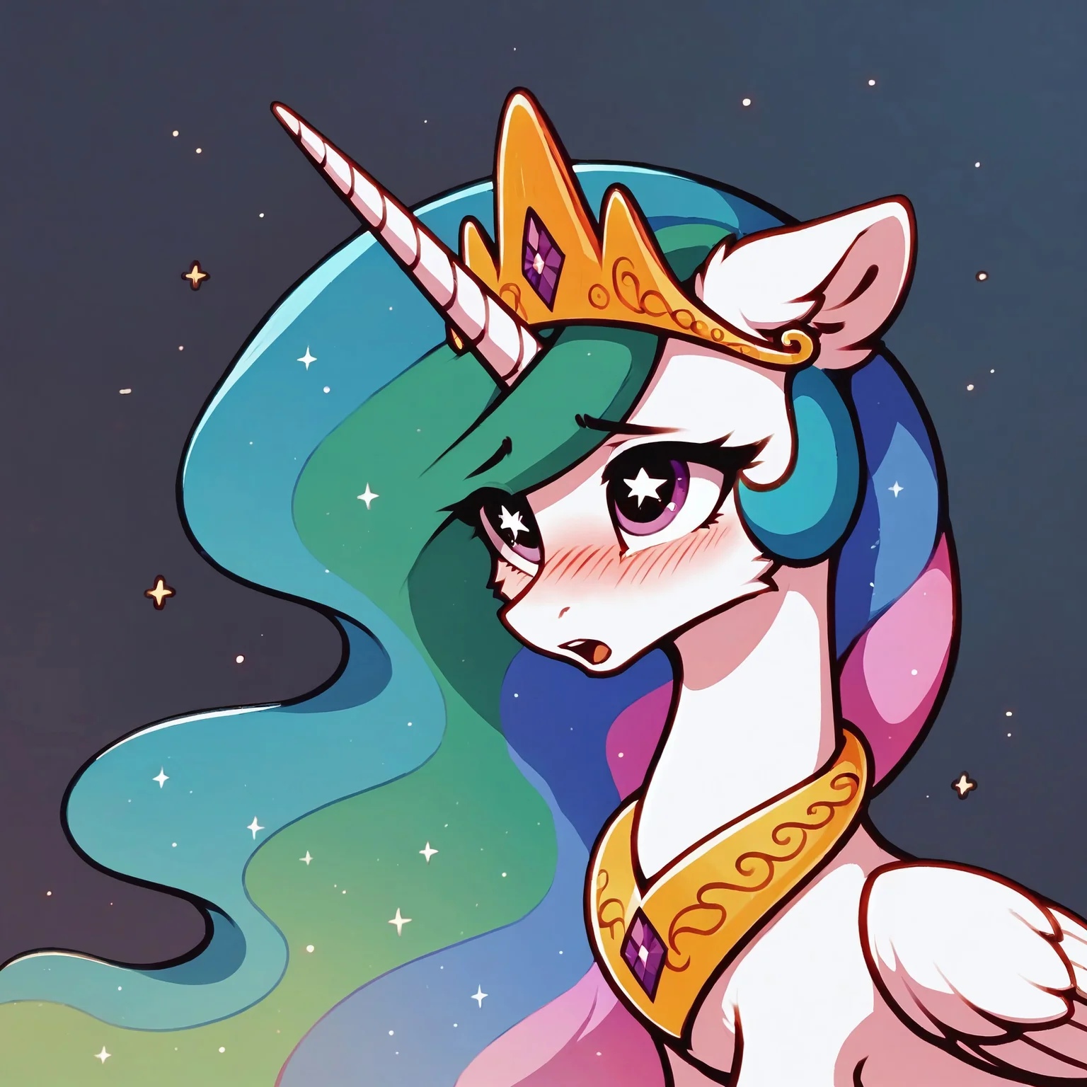 score_9, score_8_up, score_7_up, score_6_up, score_5_up, score_4_up, princess celestia, alicorn, pony, blushing, bust, cheek fluff, cute, ear fluff, female, floppy ears, high res, leg fluff, mare, open mouth, solo, starry eyes, wing fluff, wingding eyes, two toned wings