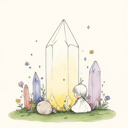 ArsMJStyle, Delicate Whimsy, The image shows a little girl sitting in front of a crystal surrounded by a variety of colorful flowers and plants. She has a peaceful expression on her face and her hair is tied up in a bun. The crystal is a bright yellow color and the flowers are a mix of pink purple and yellow., 1girl, flower, solo, dress, closed eyes, white hair, blush, long hair, yellow flower, sitting
