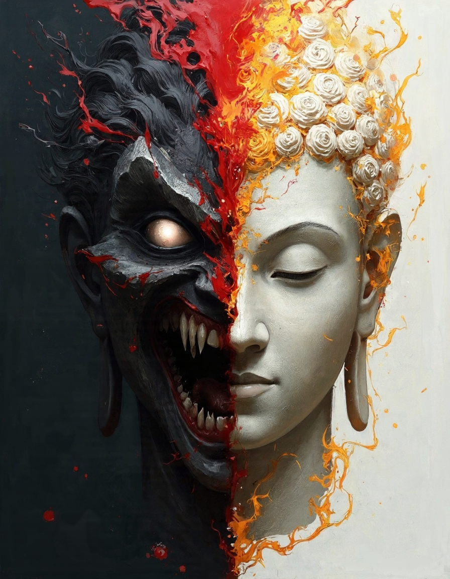 A powerful dual-portrait artwork contrasts a demonic, fiery visage with a serene, Buddha-like figure, symbolizing the eternal tension between chaos and peace. The left side writhes in red-black fury, its energy volatile and aggressive, while the right side radiates calm with muted stone textures and golden serenity. Through its symmetrical composition, highly stylized rendering, and emotionally charged palette, the piece conveys a profound meditation on inner balance, the coexistence of darkness and light, and the human journey toward harmony.