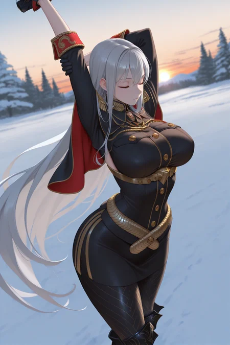 masterpiece, best quality, 1girl, solo, <lora:selvaria-illu-nvwls-v1-000006:1> slvra, silver hair, very long hair, large breasts, black shirt collar, black uniform, black capelet, epaulettes, black sleeves, gold belt, black gloves, black pantyhose, patterned pantyhose, black boots, arms up, stretching, closed eyes, snow, sunset