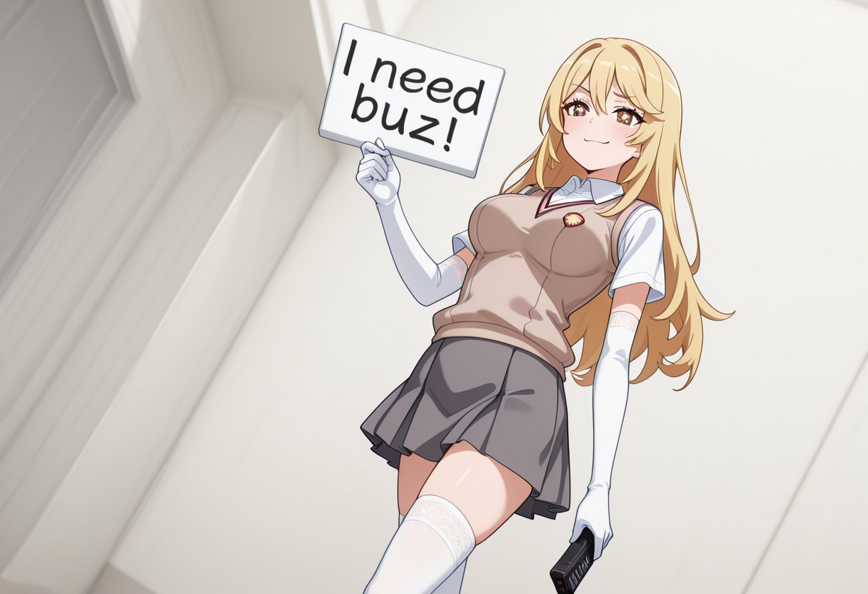 (masterpiece, best quality, newest, absurdres, highres, highly detailed) Shokuho Misaki holding a sign and pointing a remote at the camera, (remote control), need_buzz, holding sign, smug expression, dominatrix, long hair,blonde hair,sidelocks,hair between eyes,parted bangs,brown eyes,((sparkling eyes)), tokiwadai school uniform,brown sweater vest,white shirt,collared shirt,short sleeves,elbow gloves,white gloves,large breasts,miniskirt,grey skirt,pleated skirt,zettai ryouiki,white lace thighhighs,loafers