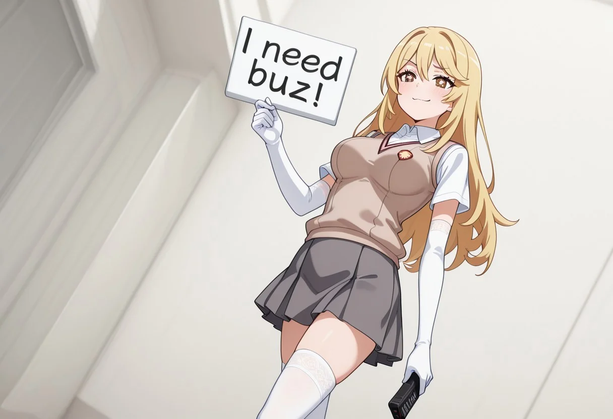 (masterpiece, best quality, newest, absurdres, highres, highly detailed) Shokuho Misaki holding a sign and pointing a remote at the camera, (remote control), need_buzz, holding sign, smug expression, dominatrix, long hair,blonde hair,sidelocks,hair between eyes,parted bangs,brown eyes,((sparkling eyes)), tokiwadai school uniform,brown sweater vest,white shirt,collared shirt,short sleeves,elbow gloves,white gloves,large breasts,miniskirt,grey skirt,pleated skirt,zettai ryouiki,white lace thighhighs,loafers