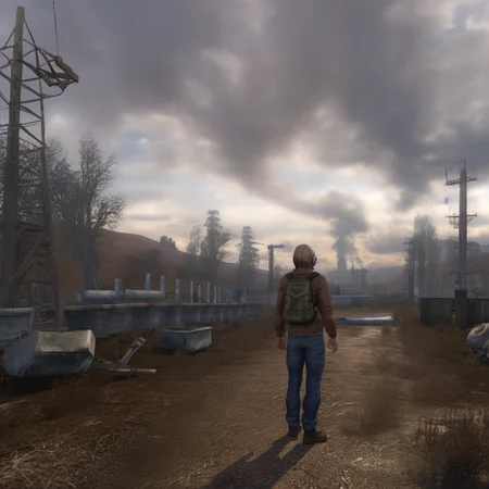 <lora:lora:1> cloud, scenery, sky, outdoors, building, cloudy sky, day, detail, realistic, solo, 1boy, male focus, jacket, pants, denim, full body, standing, boots, blonde hair, brown jacket, bag, backpack, gas mask, jeans <lora:Postapocalyptic_by_Styx_SDXL:0.7>