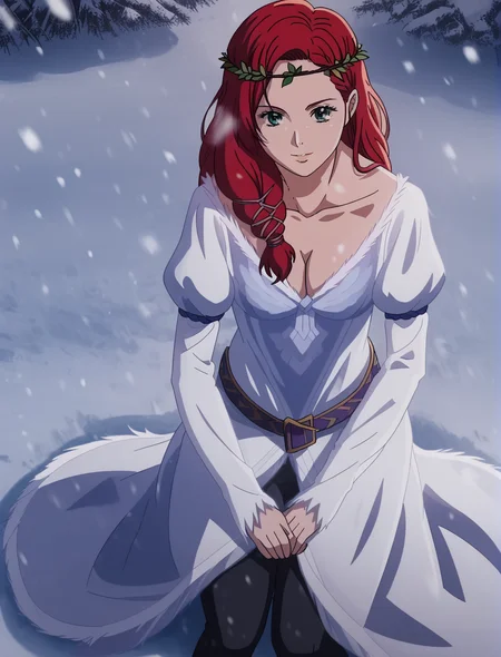 best quality, highres, HeraLOTR, solo, red hair, long hair, braid, green eyes, white dress, white dress belt, long flowing dress, flowing sleeves, head wreath, puffy sleeves, (black pants), snowing, on snowy mountain, realistic background, blurry background, bokeh, shadows, shadow, looking at viewer, dynamic pose, dynamic angle, sitting on snow, knees, hands on ground, from above, cleavage, smile, close-up, <lora:HeraLOTR:0.95>