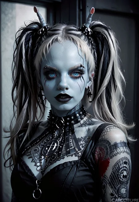 score_9, score_8_up, score_7_up, BREAK
Aesthetic: ((goth, dark, macabre, subculture, fashion, music):1.4) BREAK,
lighting: Chiaroscuro Lighting Style, detailed, clean, urban scenery, ink BREAK
Quality: intricate, highly detailed, sharp focus, realistic, 8k BREAK
Appearance: (22 years old), andorian girl, blue eyes, detailed eyes, big eyes, perfect eyes, twintails, white hair, violet highlights, BREAK
(good quality:0.996), BREAK