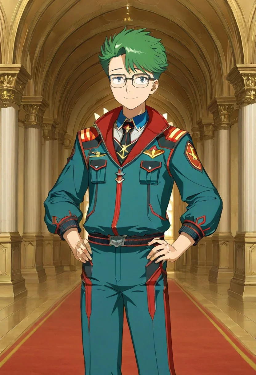 gb4_tao, green hair, short hair, grey eyes, 1boy, solo, male focus, glasses, wear noble outfit, military outfit, blue outfit, indoor, inside palace, white wall, expensive decorations, anime style, anime draw style, perfect hands, high quality, best quality, masterpiece, outdoor setting, hands lean on hip, strong legs