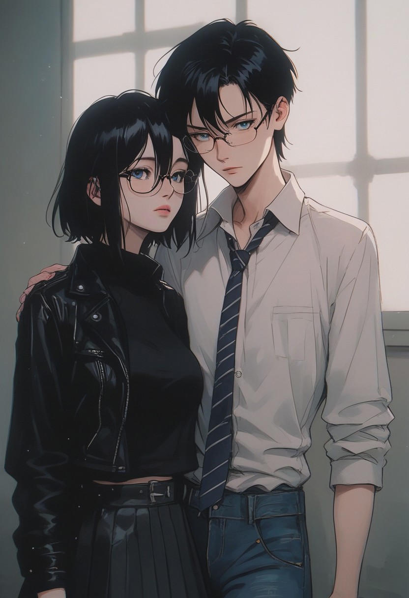 (score_9, score_8_up, score_7_up),  melkor_style,
score_9, score_8_up, score_7_up, score_6_up, score_5_up, score_4_up, source_anime, high detailed, high quality, masterpiece, source_anime, high detailed, high quality, masterpiece, 1 girl, 1 boy, couple, romantic couple, straight, hetero, heterosexual, (1 boy, short hair, hair between eyes, black hair, bangs,  frame glasses, button down shirt, tie, jacket, houdie, open jacket, blue eyes, jeans,) (1 girl, momo yaoyoruzu, long hair, bob, ponytail, grey eyes pink lips, big breasts, school uniform, button down shirt, cleavage, pleated skirt, pantyhose), looking at viewer, low angle, background room, cowboy shot, anime screencap, watercolor \(medium\), traditional media, neon.