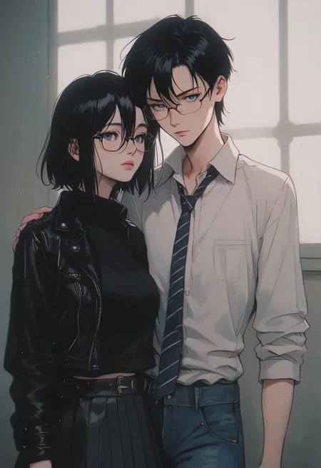 (score_9, score_8_up, score_7_up), melkor_style,
score_9, score_8_up, score_7_up, score_6_up, score_5_up, score_4_up, source_anime, high detailed, high quality, masterpiece, source_anime, high detailed, high quality, masterpiece, 1 girl, 1 boy, couple, romantic couple, straight, hetero, heterosexual, (1 boy, short hair, hair between eyes, black hair, bangs, frame glasses, button down shirt, tie, jacket, houdie, open jacket, blue eyes, jeans,) (1 girl, momo yaoyoruzu, long hair, bob, ponytail, grey eyes pink lips, big breasts, school uniform, button down shirt, cleavage, pleated skirt, pantyhose), looking at viewer, low angle, background room, cowboy shot, anime screencap, watercolor \(medium\), traditional media, neon.