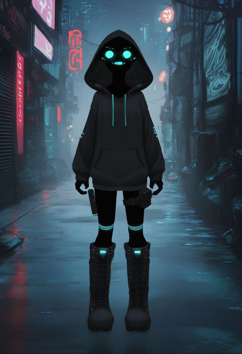 score_9, score_8_up, score_7_up, score_6_up, score_5_up, score_4_up, city, night, dark, alleyway, detailed background, 1entity, slender, oversized hoodie, hood up, glowing eyes, neon stripes hoodie, nothing under the hood, shadow under the hood, flat chest, pure black skin, thin legs, boots, fleeing pose, holster, action shot, dynamic, cyberpunk, teeth, sarcastic grin, Shadowed Face, pikaole