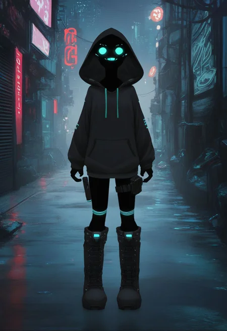 score_9, score_8_up, score_7_up, score_6_up, score_5_up, score_4_up, city, night, dark, alleyway, detailed background, 1entity, slender, oversized hoodie, hood up, glowing eyes, neon stripes hoodie, nothing under the hood, shadow under the hood, flat chest, pure black skin, thin legs, boots, fleeing pose, holster, action shot, dynamic, cyberpunk, teeth, sarcastic grin, Shadowed Face, pikaole