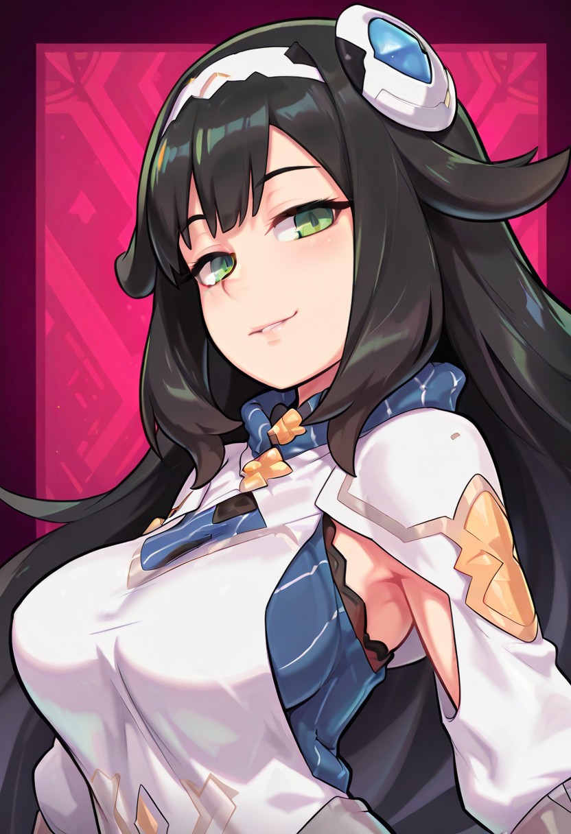 absurdres, 4k res, high quality, score_7_and_above, 1girl, solo, masterpiece, philia_wf, black hair, green eyes, sweater dress, hair ornament, portrait, seductive smile, highly detailed, side view, looking at viewer,