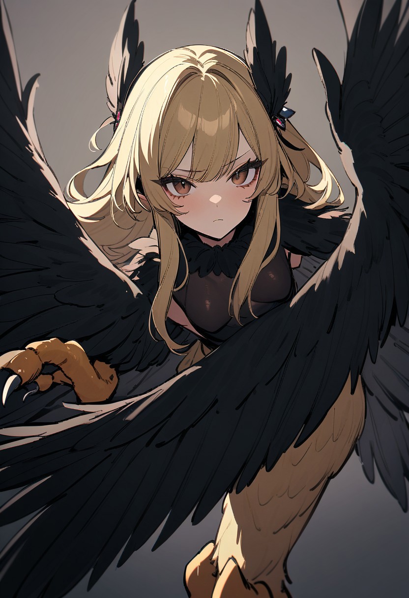 masterpiece, best quality, 32k, high resolution, absurdres, harpy, closed mouth, animal ears, small breasts, black feathers, brown eyes, black wings, sidelocks, hair ornament, blonde hair, claws
