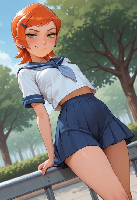 masterpiece, best quality, good quality, very aesthetic, absurdres, newest, 8K, depth of field, focused subject, mythp0rt,
stylized, wabi sabi,
1girl, Gwendolyn_Tennyson, orange hair, short, hair, freckles, cute,
smug,
petite body, small waist, curvy, thighs, shapely legs,
small breasts,
school uniform,
dynamic angle,
park,