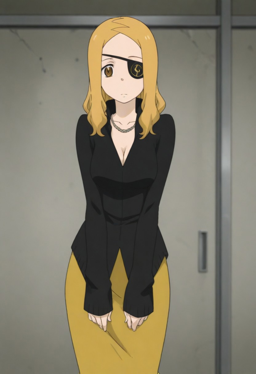 masterpiece, best quality, amazing quality, 1girl, solo,,, shiny skin,,,<lora:Marie_Mjolnir:1>mmjolnir, blonde hair, long hair, brown eyes, right eyepatch,, cleavage, necklace, black dress , gold skirt, long skirt, long sleeves, jewelry,