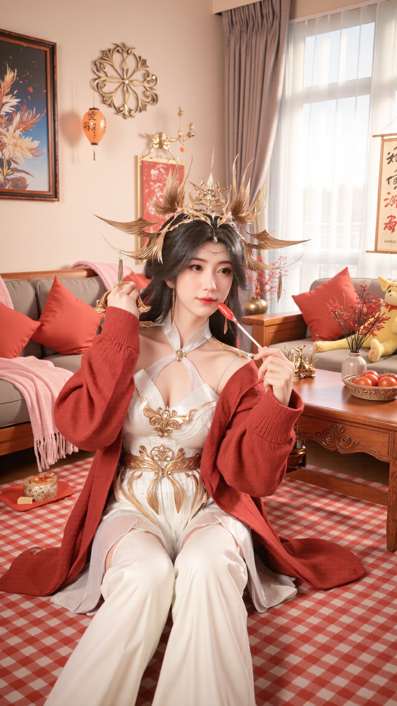 Xnangongwan,Xyaoxi,Xxiaolan,XliwuwanH,Photos of the Chinese New Year,Xningyudie,Photos of the Chinese New Year,The image shows a young woman sitting on a red and white checkered floor in a living room. She is wearing a red cardigan over a white top and white pants. She has long dark hair and is smiling as she holds a red lollipop in her hand. On the right side of the image,there is a wooden coffee table with a vase of red flowers and a basket of tomatoes. Behind the woman,there are two red heart-shaped pillows and a yellow stuffed animal. The room has a large window with white curtains and a painting hanging on the wall.,(huge breasts:2.99),(full breasts:2.99),Chinese traditional Spring Festival theme background,lanterns,New Year couplets,window decorations,Fireworks Show,