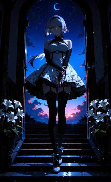 masterpiece, sharp detail, intricate detail, 1girl, (rella, konya karasue), pointy ears, detailed eyes, gradient blue eyes, long eyelashes, red eyeliner, silver hair, black hairband, medium breasts, white high heels, blunt bangs, black thighhighs, full body, black bridal gauntlets, long low ponytail, skirt, black thighhighs, frilled dress, detailed dress, lily \(flower\) print on dress, standing on stairs, looking down, looking at viewer, hand down, holding own wrist,  white nails, BREAK outdoors, doorway,  evening, crescent moon, straight-on, starry sky, clouds, color depth, masterful shading, BREAK chiaroscuro, volumetric lighting, dappled light, dramatic shadows, cinematic lighting, detailed background, <lora:darkness_xl_v20:0.6>,  <lora:TrendCraft_The_Peoples_Style_Detailer-v2.3I-4_15_2025-Illustrious:0.4>