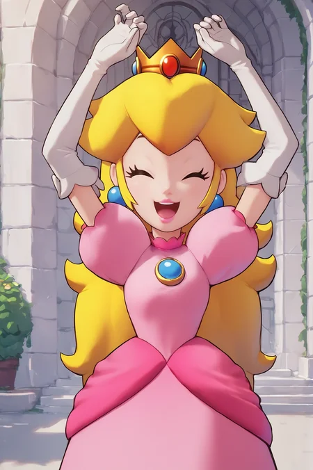 princess peach, black eyes, smile, white gloves, arms up, excited, closed eyes, open mouth, smile, in front of castle doors, 1girl, looking at viewer, cowboy shot, score_9, score_8_up, score_7_up, score_6_up, 1girl, solo,
<lora:PrincessPeach_MLBstyle2:1>