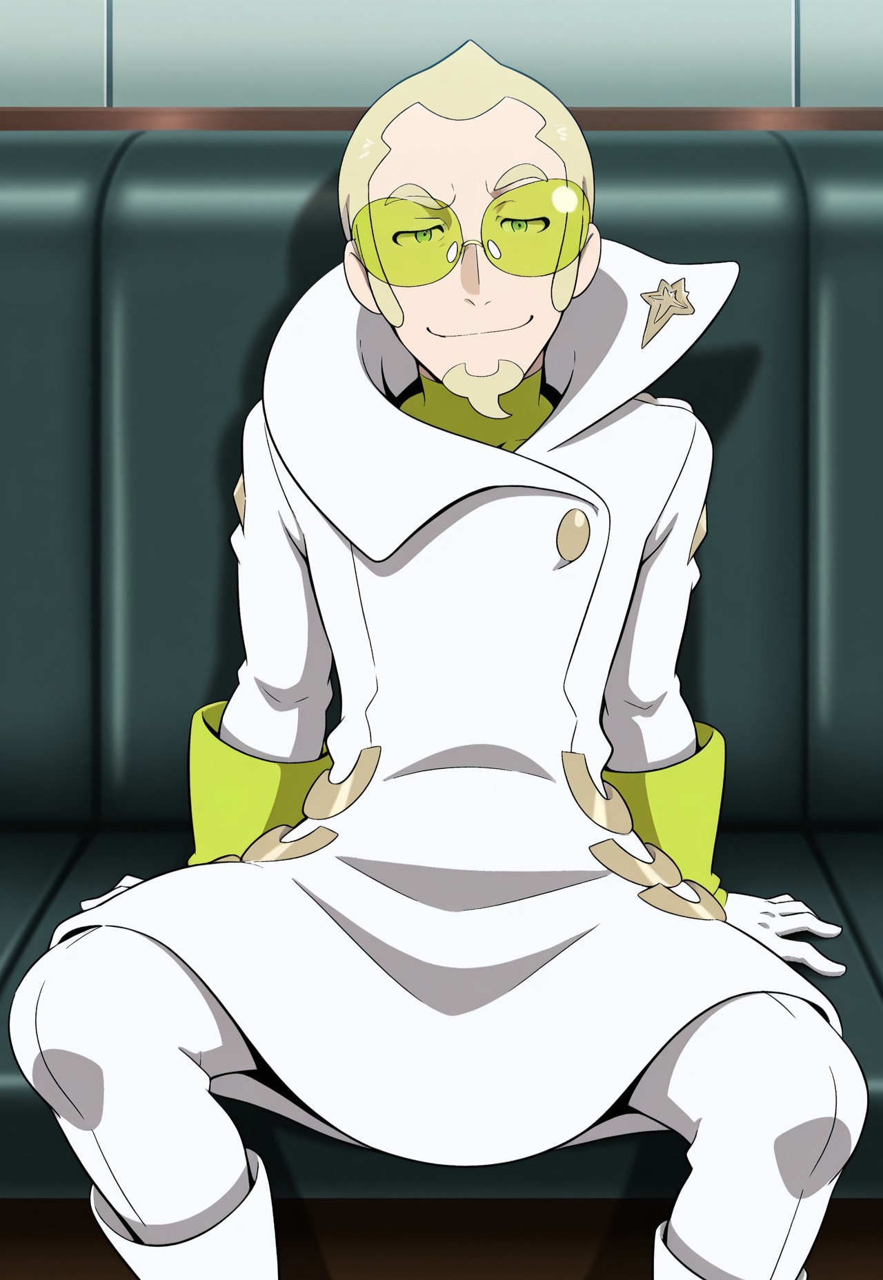 solo, masterpiece, modern, new, 1boy, male, masculine face, daddy looking face,

PokemonFaba, blonde hair, goatee, green glasses, white coat, boots, looking at viewer, smiling, sitting down, manspreading