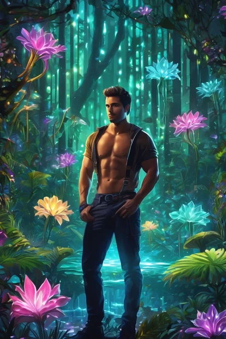 flvcil10 style <lora:style_10_pattern_heavy_l2-x_flvcil10_style:1>, man standing,
stripper, functional,
Enchanted forest and bioluminescent flora,
high quality, masterpiece, highres,