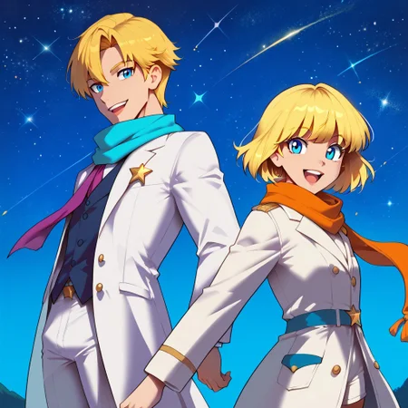freerrystyle,
score_9, score_8_up, score_7_up, score_6_up, masterpiece, best quality, amazing quality, best aesthetic, absurdres, intricate details, detailed face, source_anime, voyager_sa, blonde hair, blue eyes, white coat, white shorts, male focus, smile, multiple boys, star (sky), formal, sky, starry sky, star (symbol), short hair, looking at viewer, baggy clothes, long sleeves, scarf, floating, bangs, starry background, glowing, open mouth