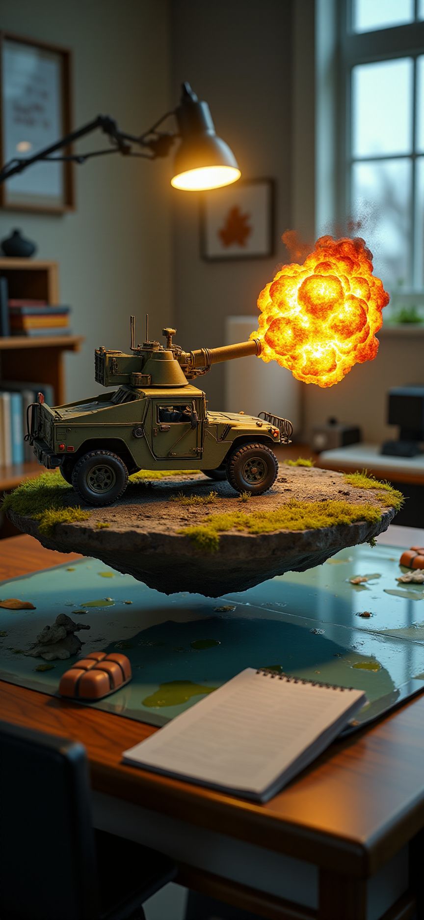 (indoor,very wide isometric view,tilt-shift lens:1.6), (windowless,miniature,miniature,diorama,miniature,diorama,PVC,plastic:2) ,  self propelled artillery,hummer with flame at (floating island,levitating  island:1.5) on (table:2) at (study:2.5)   <lora:Diorama_Flux:1>