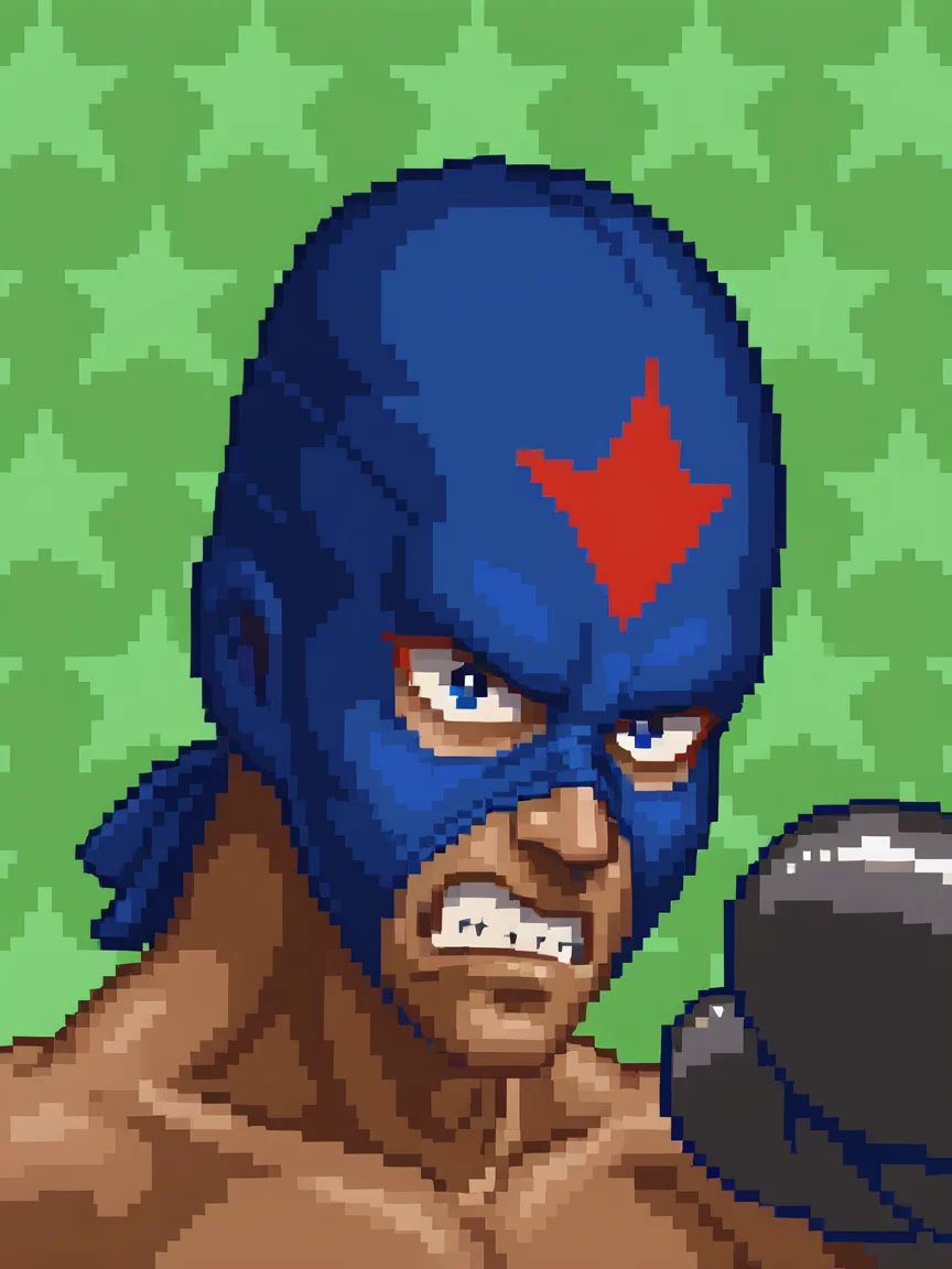 <lora:PonyXL_-_SNES_Super_Punch_Out_Portraits:0.75> super_punch_out_portrait, star_patterned_background, boxing glove, faded purple boxing gloves, boxing glove, gashing teeth, angry expression, mask, tan skin, green background,