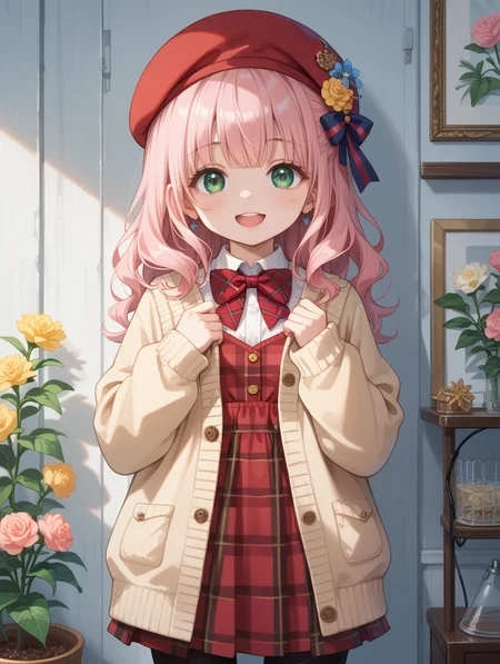 score_9, score_8_up, score_7_up,
masterpiece, best quality,
cute round face, slender, ultra detailed eyes, ultra detailed hair, ultra beautiful BREAK 1girl, solo, vintage-inspired beret with flower pin, navy and red plaid dress, golden buttons down the front, ivory blouse with ruffle detailing and red bow tie, peach cardigan with cable knit pattern, (cable:-1), black tights, cowboy shot, smile, open mouth, looking at viewer, Detailed dark-green eyes, medium long hair, pink hair