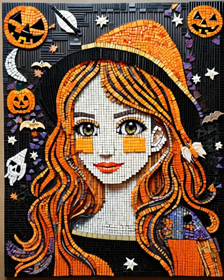 an enchanting woman, Adorable, Cute Halloween themed Mosaic, 2D, small pieces together to make a pattern, decorative, Halloween mosaic, playful, whimsical, Halloween elements