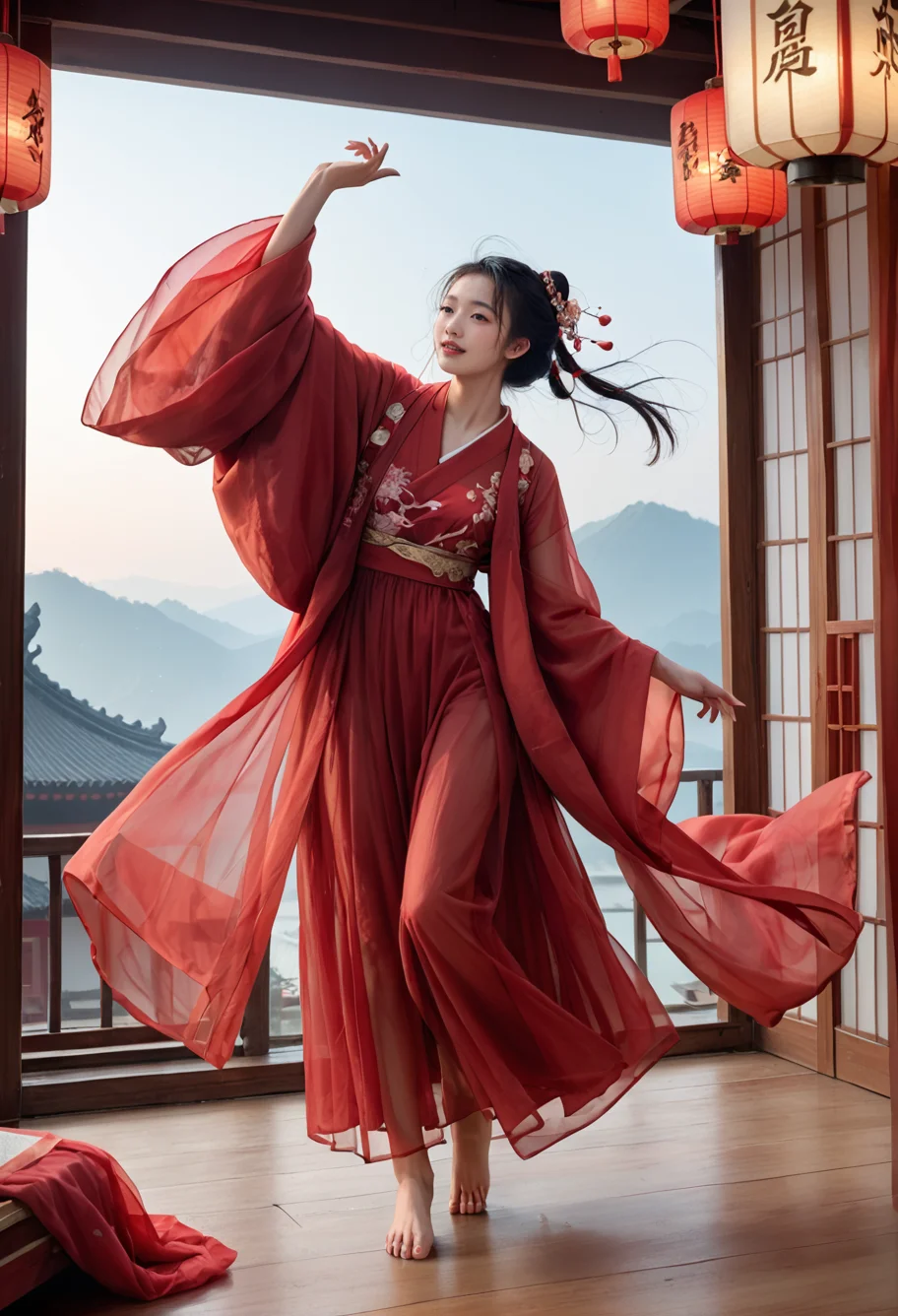 full body,,ruanyi0750,hanfu,wide sleeves,red dress,see-through,dancing,sky lantern,barefoot,<lora:0750 Large sleeve shirt Hanfu_v1_pony:0.8>, score_9,score_8_up,score_7_up,,8k,1girl,solo,