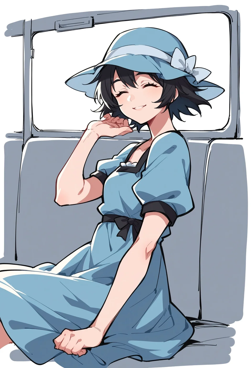 , score_9, score_8_up,score_7_up, source_ anime, lineart, sketch, shiina mayuri, hat, blue dress, short sleeves, smiling, closed eyes, sitting on bus, looking at viewer, from side, solo,
<lora:Potat-lineart_sketch_v1-USENEG:-0.85> <lora:steinsgate_shiina_ponyXL:0.8>
