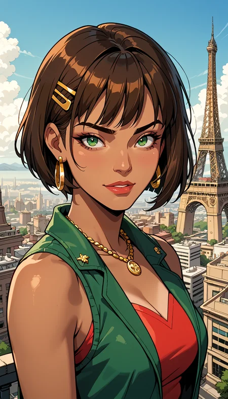 score_9, score_8_up, score_7_up, Western Comics, Portrait, Nadia la Arwall, cute, seductive, innocent, light smile:0.3, plump lips, slender body, black hair, bob cut, caramel tan skin, green eyes, gold necklace, strapless red vest, gold hoop earrings, two hair clips on the sides, Eiffel Tower background, depth of field, dynamic angle, fashion photography, sharp, hyperdetailed:1.15
