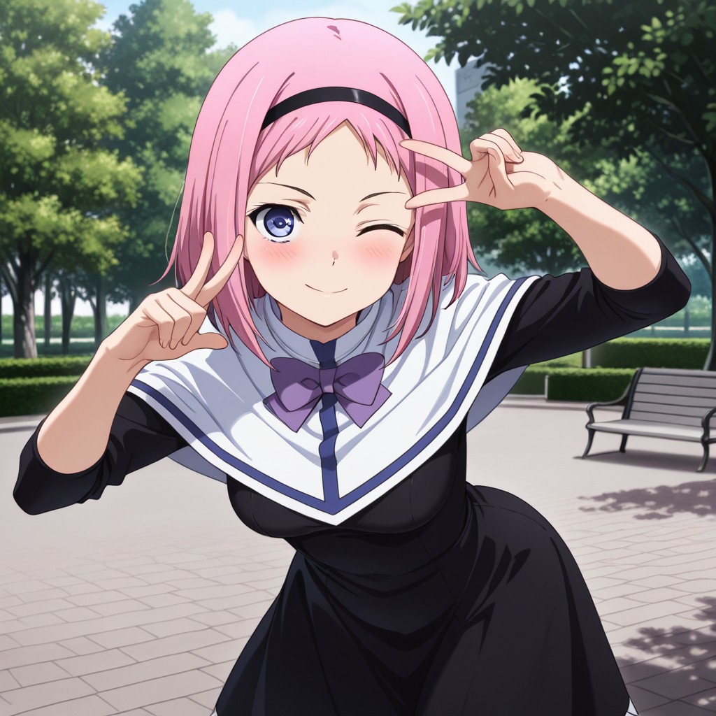 masterpiece , amazing , best quality , ultra detailed , 8k , high resolution , 1girl , solo , Kazumi_Schlierenzauer, medium breasts , black dress, white overtop, purple bow, cute face, one eye closed, smile, cute pose , standing , looking at viewer , park , blush
