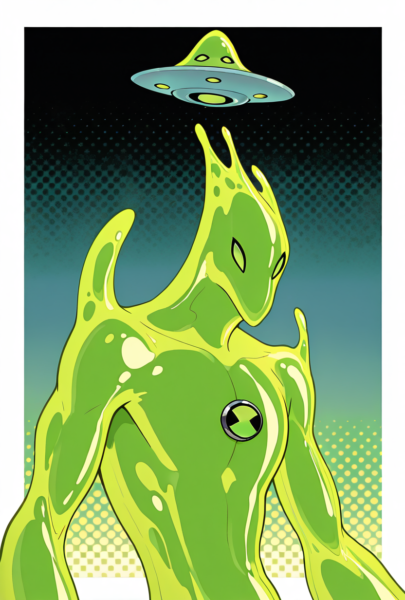 <lora:goop-09:1> goop, solo, no humans, male focus, green skin, pokemon (creature), slime (substance), translucent skin, floating small ufo on head, masterpiece, best quality, amazing quality, very aesthetic, absurdres, newest,, upper body, halftone effect, white borders, abstract background:1.2,