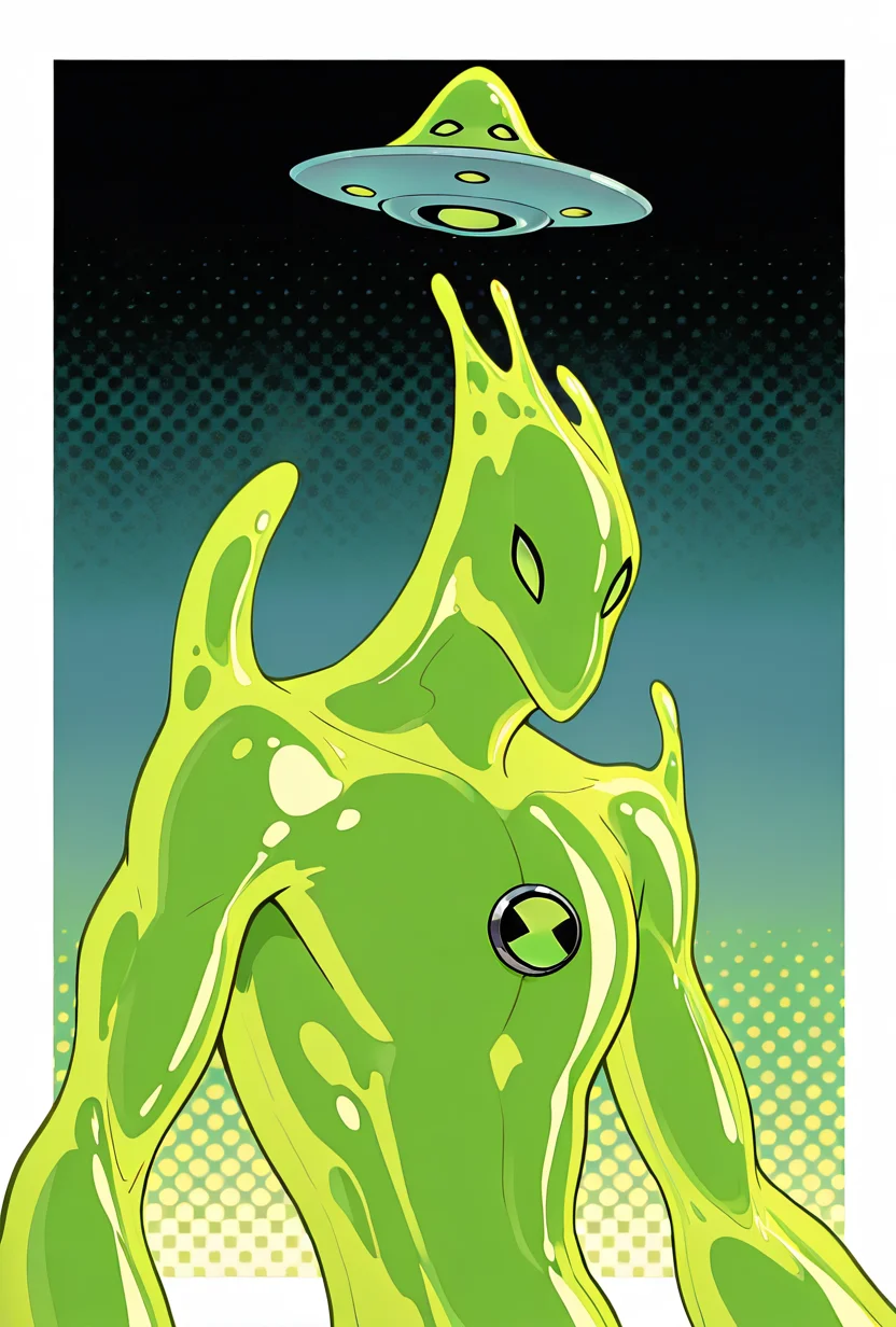 <lora:goop-09:1> goop, solo, no humans, male focus, green skin, pokemon (creature), slime (substance), translucent skin, floating small ufo on head, masterpiece, best quality, amazing quality, very aesthetic, absurdres, newest,, upper body, halftone effect, white borders, abstract background:1.2,