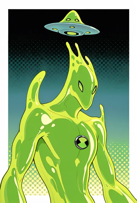 <lora:goop-09:1> goop, solo, no humans, male focus, green skin, pokemon (creature), slime (substance), translucent skin, floating small ufo on head, masterpiece, best quality, amazing quality, very aesthetic, absurdres, newest,, upper body, halftone effect, white borders, abstract background:1.2,