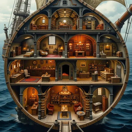A highly detailed cross-section illustration of a medieval pirate ship, revealing all key interior spaces in a realistic yet artistic style. The composition shows: the cargo hold with stacked barrels of rum and salted meat, the crew's quarters with hanging hammocks, the captain's private cabin (featuring a carved wooden desk and stolen treasures), the armory with racks of muskets and cutlasses, and the treasure vault overflowing with gold coins and jewels. Technical elements like the rudder mechanism connecting to the helm wheel are visible, along with additional spaces: the galley with a cast-iron stove, the gun deck with bronze cannons ready to fire, and the sailmaker's workshop. On deck: billowing sails, a Jolly Roger flag (skull and crossbones) snapping in the wind, and pirate crew members going about their duties. The art style balances historical accuracy with engaging storytelling—wood textures, rope details, and rusted metal are rendered with painterly brushstrokes, while dramatic lighting from above-deck hatches creates pools of gold-hued illumination below.