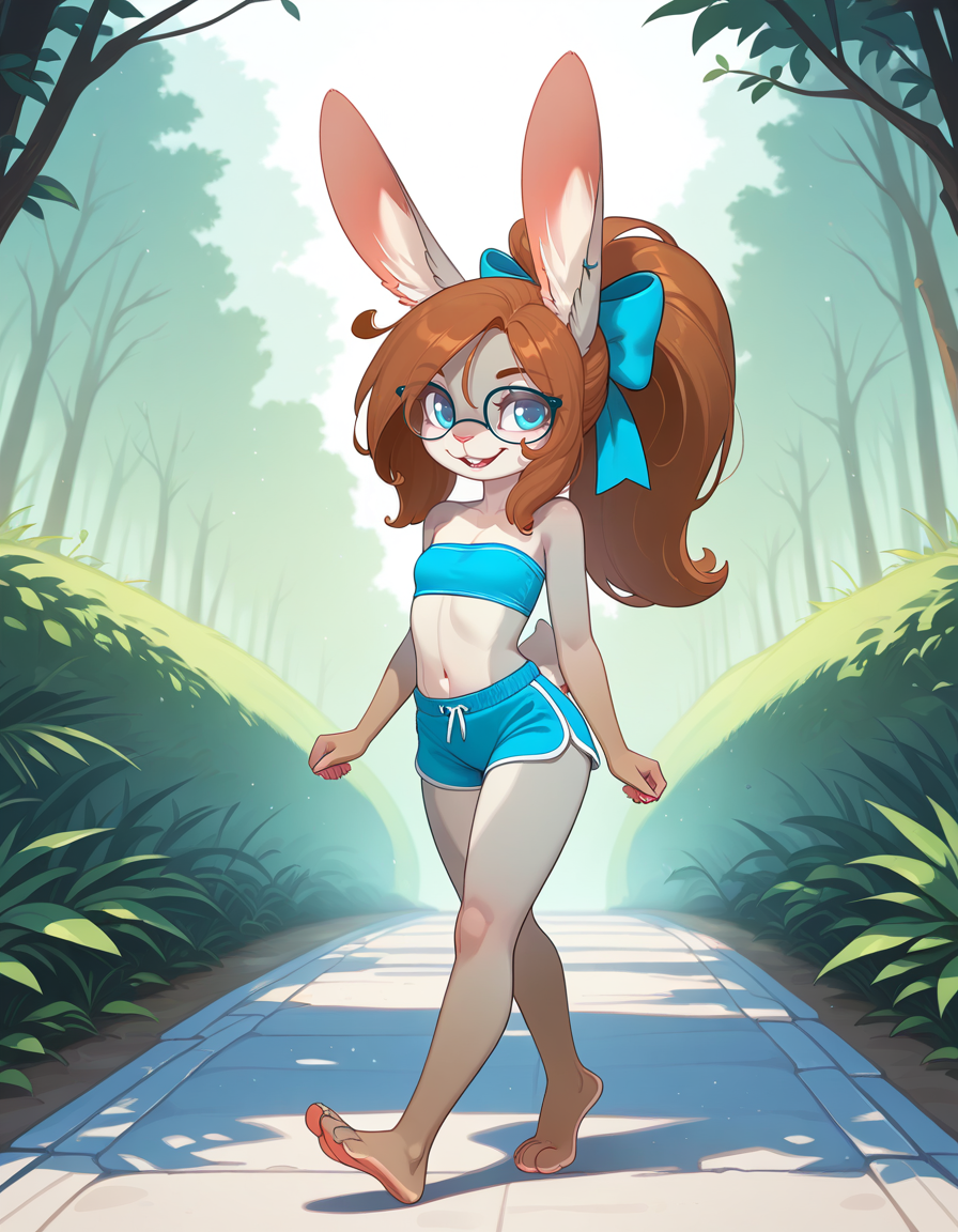 masterpiece, best quality, very aesthetic, absurdres,
outdoors,
barefoot, dolphin shorts, tube top, walking,
full body, seductive smile, parted lips, long eyelashes,
<lora:Maddy_v01_ILXL:1> Maddy,1girl,solo,furry female,rabbit girl,rabbit ears,rabbit tail,animal nose,long hair,brownhair,ponytail,hair bow,glasses,blue eyes,body fur,two-tone fur,grey fur,white fur,freckless,