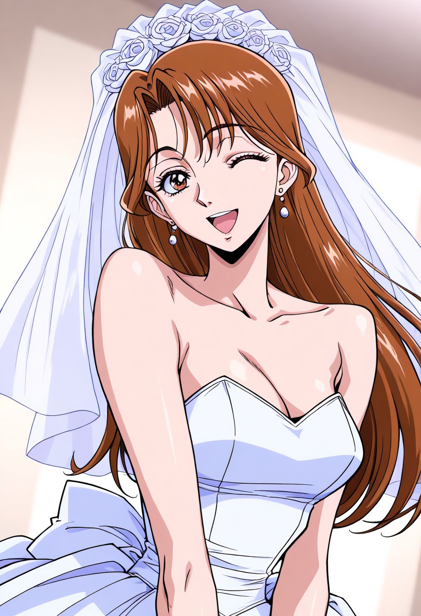 masterpiece, best quality, newest, highres, uncensored, 1girl, yokota mamoru style,1girl,Sendou Chika,brown hair,long hair,slim,,masterpiece, best quality,,earrings，one eye closed, wedding dress, dress, bride, veil, bridal veil, smile, dutch angle, bare shoulders, open mouth,only upper body