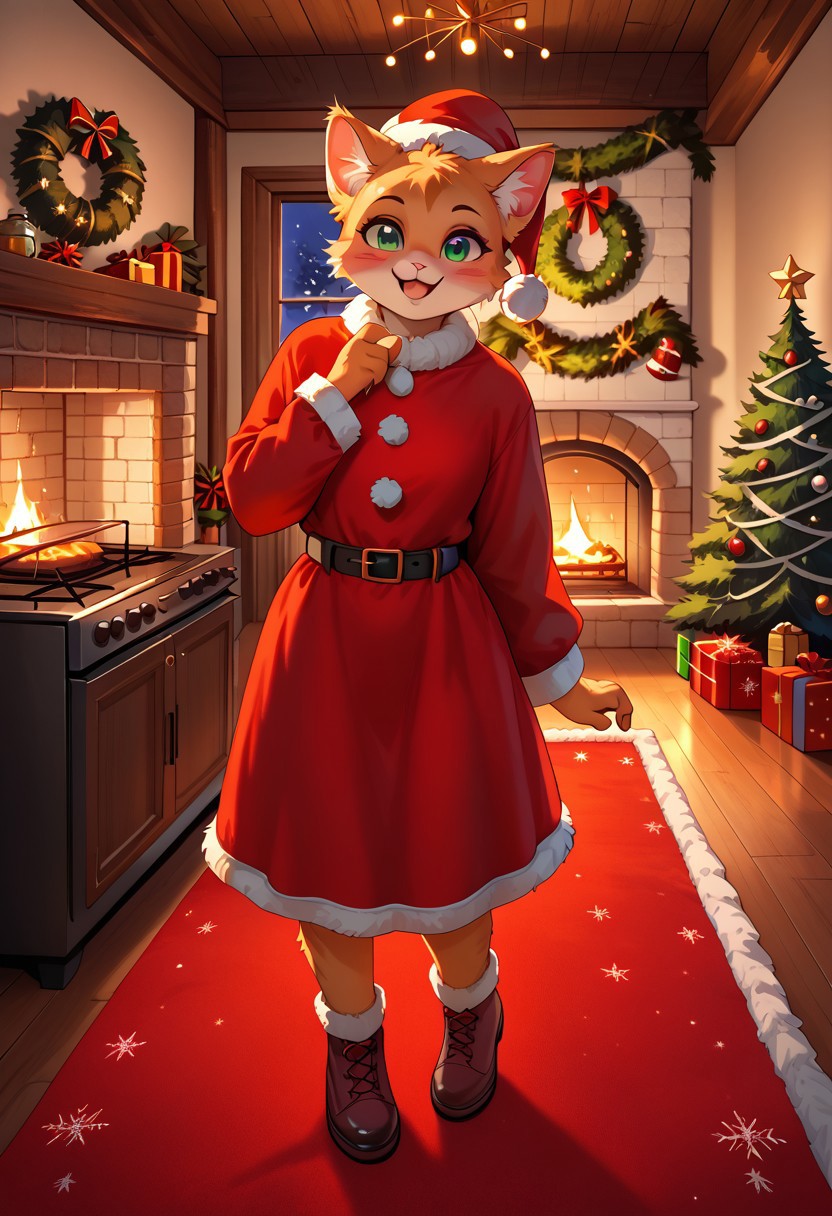score_9, score_8_up, score_7_up, high quality,  (  fluffy little kitten in love, orange fur, fully clothed santa outfit:1.3)    ((happy)),  flushed red cheeks, green eyes,    full body view,( overview:1.1),         eyes looking at viewer,     christmas border around image,   chrlib, scenery, indoors, living room, night, oven, christmas tree, christmas ornaments, red carpet