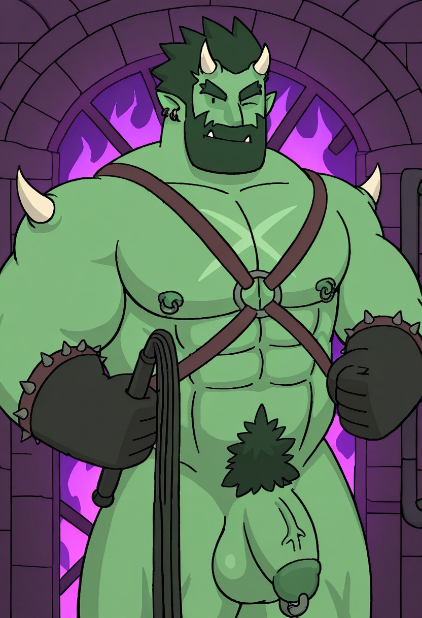 detailed background, detailed background, masterpiece, perfect quality, best quality, detailed, newest, very aesthetic, AstarothRMA, facial hair, bara, solo, hair, 1boy, black dot eyes, pectorals, abs, muscular, horns, green skin, pointy ears, tusks, beard, nipple piercings, male focus, dungeon background, purple flames, torches, harness, gloves, nude, girthy penis, flaccid,  balls, holding whip, looking at viewer, furrowed eyebrows, winking, one eye closed, smile