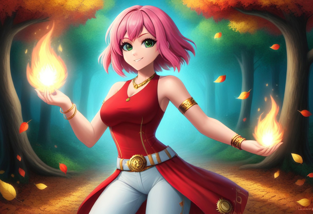 Masterpiece, best quality , high resolution, vibrant colors, raibows, forests, clock style leaves , 1girl , green eyes , big eyes , sakura haruno , curvy, pink hair , short hair, red sleeveless  dress, white pants, gold belt , gold necklace, bracelets,  elbow protector,  haidband , medium chest size, sexy , smirk , siting pose , natural light and shadows, scenary , midnight , fire , 2.5d