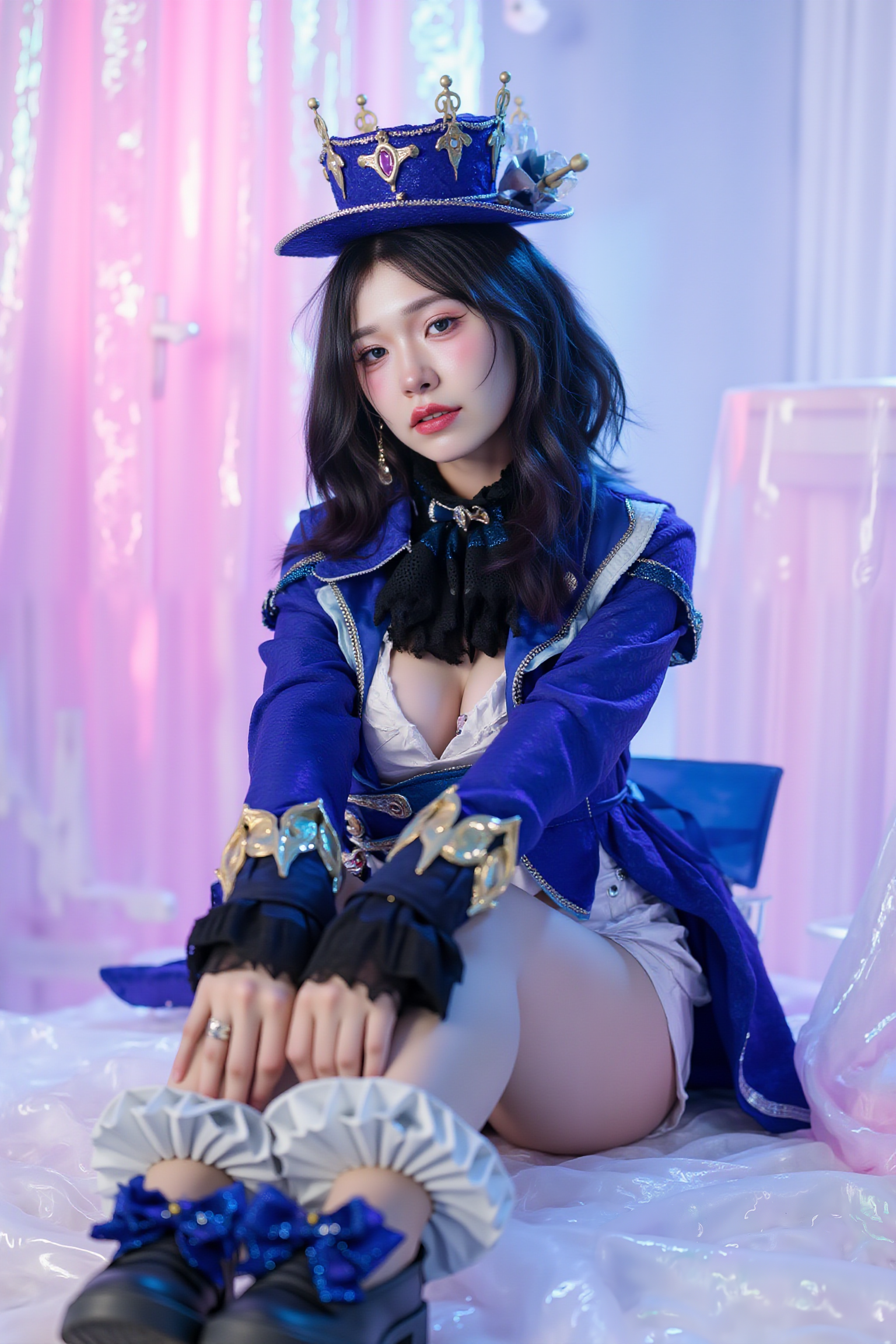A professional, high-resolution image of a young woman seated comfortably cross-legged on the floor, hands gently resting on her ankles. Her posture is upright and graceful, and her subtle, confident gaze engages warmly with the camera. The diffused lighting accentuates the soft lines and curves of her figure.

She is wearing SGWN34Clothing, a blue and gold crown with intricate details, a matching blue coat with gold accents, a white corset, and thigh-high boots.. Her makeup is dramatic, with dark eyeliner and bold, glossy pink lips. 

The lighting features a high-contrast, monochromatic white color scheme that creates a moody, intimate atmosphere. 

The photography technique uses what appears to be soft lighting to create a glamorous effect, with careful attention to highlighting contours while maintaining the dominant light pink color scheme throughout the frame.

The overall aesthetic combines elements of fashion photography, traditional Asian visual motifs, and contemporary boudoir styling. The dramatic light pink lighting creates a cohesive visual theme that ties all elements of the composition together.

The white light emit on her to show her feature.