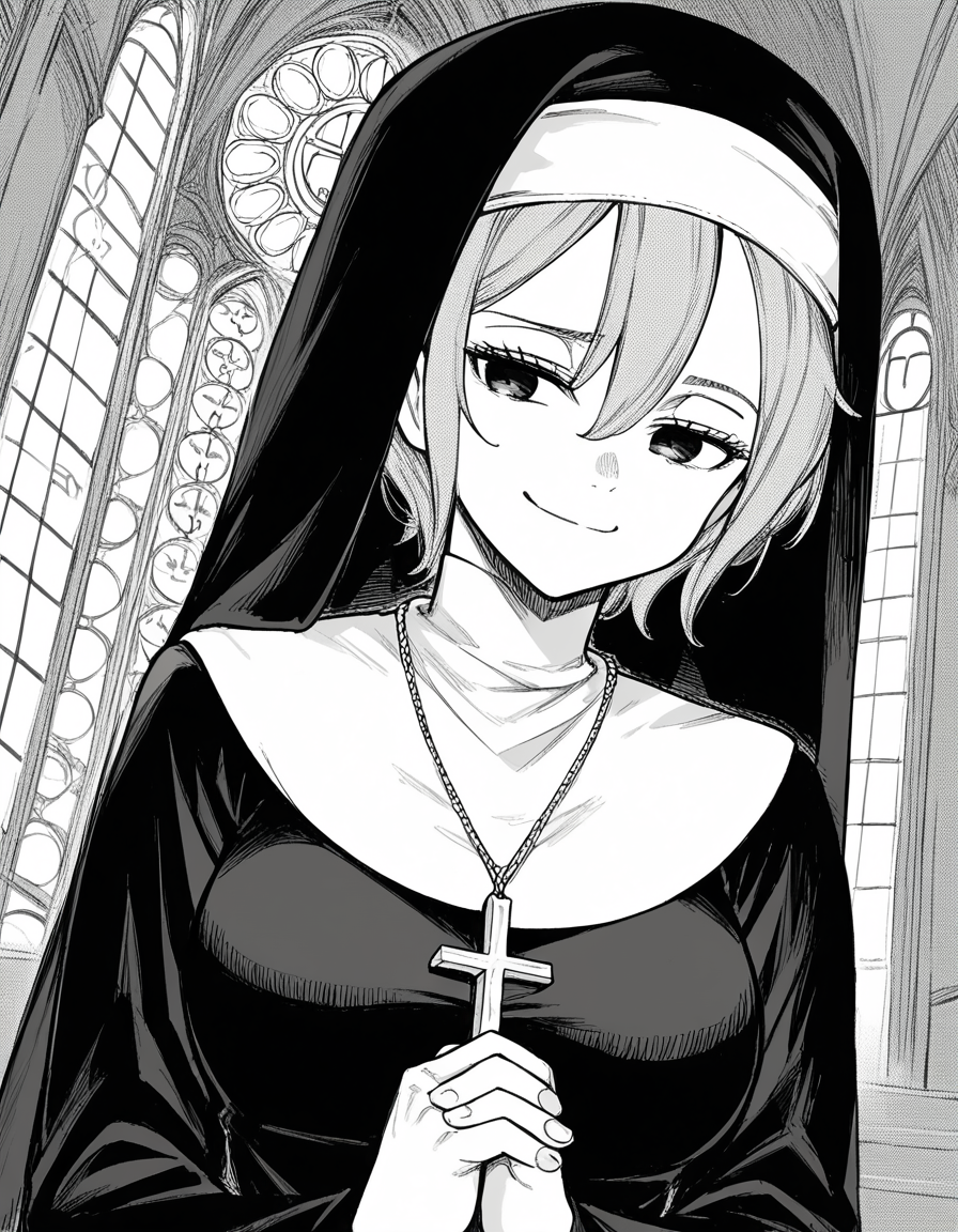 score_9, score_8_up, score_7_up, source_anime, <lora:aira-shiratori-manga-ponyxl-lora-nochekaiser:1>, aira shiratori, monochrome, greyscale, short hair, sidelocks, bangs, hair between eyes, medium breasts,, <lora:traditional-nun-ponyxl-lora-nochekaiser:1>, traditional nun, nun, habit, long sleeves, dress, black dress, jewelry, black veil, cross, cross necklace,, church, smug, praying,, , dutch angle, cowboy shot