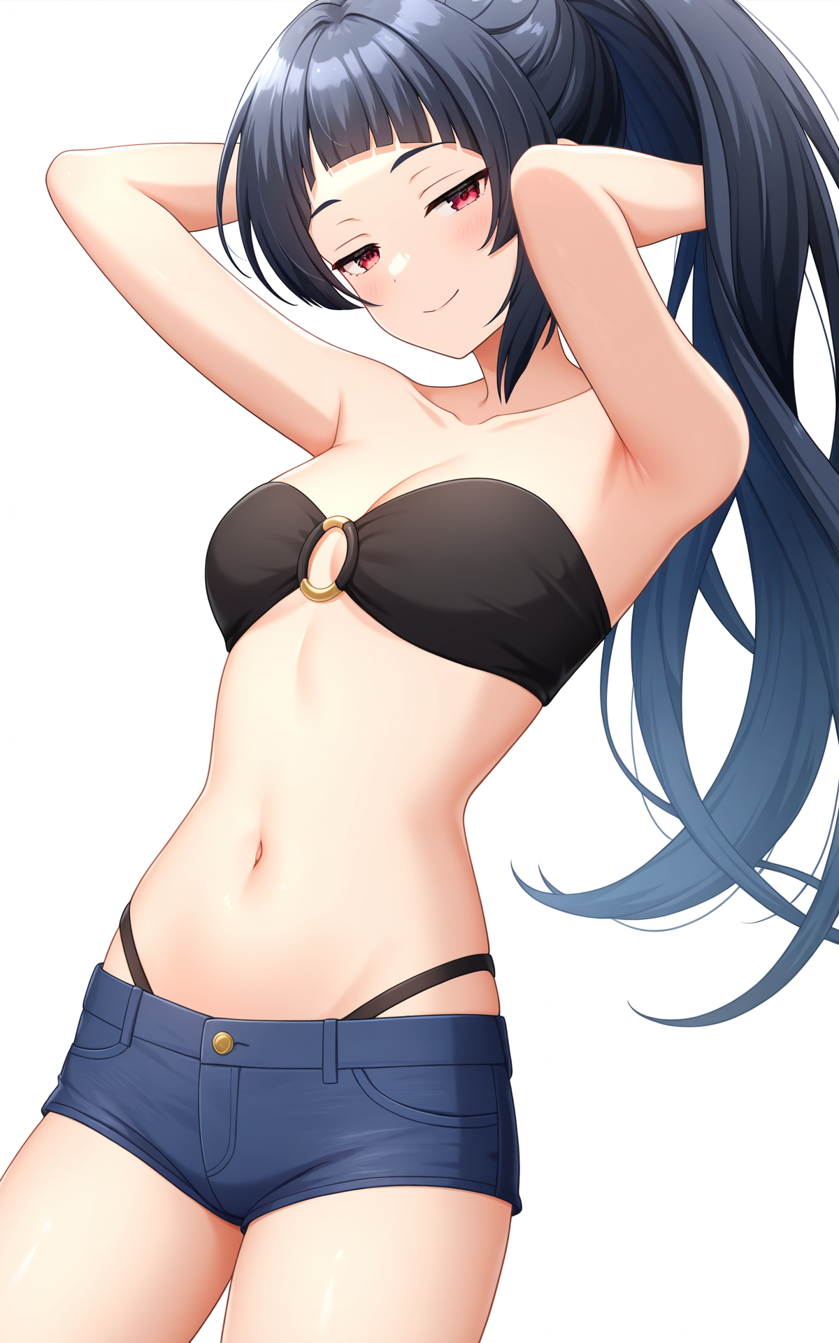 masterpiece, best quality, good quality, newest,4k, perfect lighting, cinematic, very aesthetic, official art, anime screencap, anime coloring,(((white background, simple background))), 
1girl,solo,kurokawa nagiko,black hair,very long hair,ponytail,bangs,red eyes,collarbone,o-ring bandeau bikini top,midriff,microshorts.thighs,
looking at viewer,jitome,half closed eyes,seductive smile,arms behind head,standing,BREAK
<lora:ILnagiko:0.8>